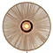 image cut out on white background of woven circular wall light with central bulb emitting warm glow