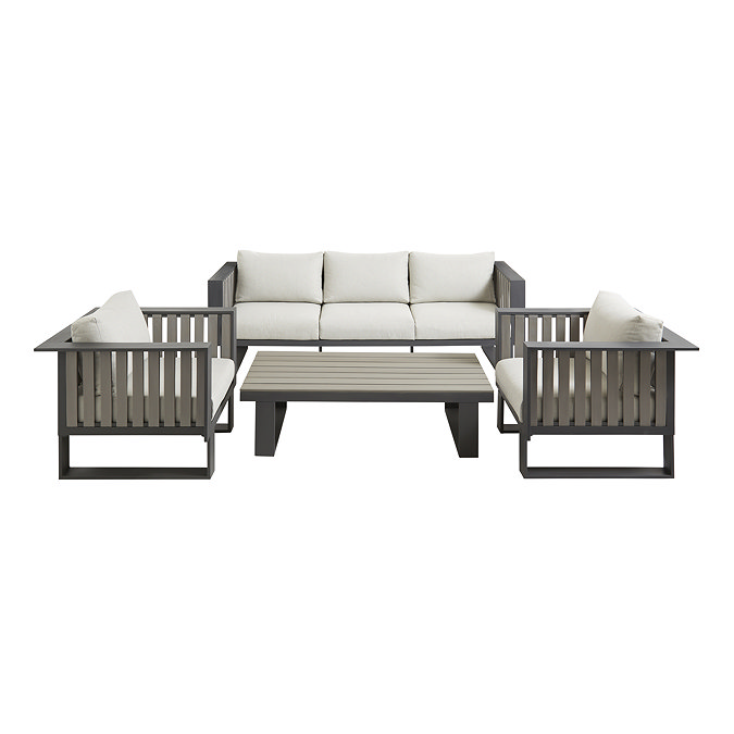 image cut out on white background of grey slatted aluminium outdoor lounge set, with two armchairs, a three seater sofa and rectangular table