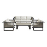 image cut out on white background of grey slatted aluminium outdoor lounge set, with two armchairs, a three seater sofa and rectangular table