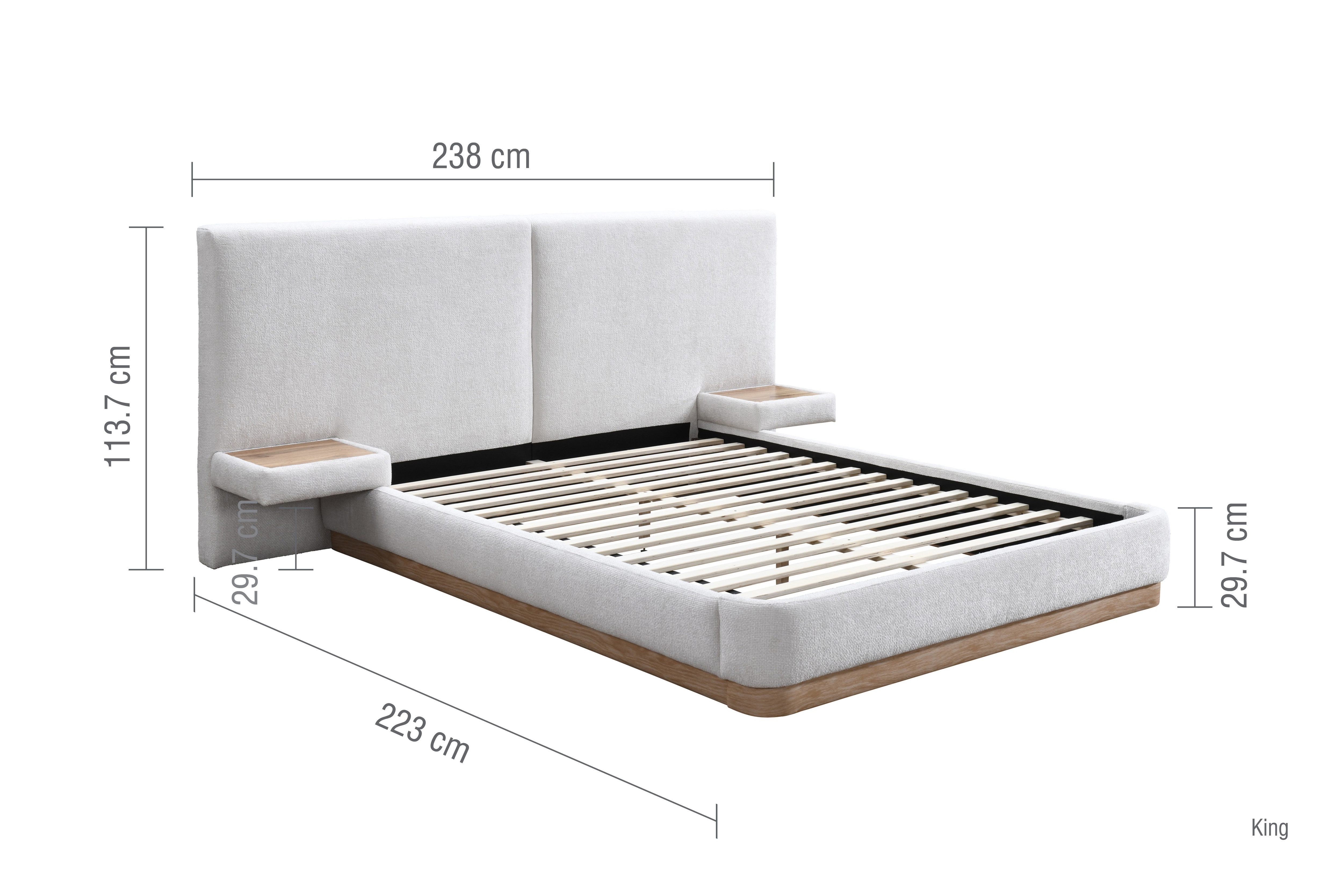 image cut out on white background of king size bed with black arrow line dimensions to show size