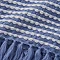 close up of blue and white stab stitch throw pattern