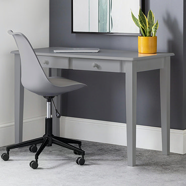 front-on image of classic grey desk, cut out on white background