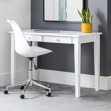 image of slim white desk with two drawers at the top, cut out on white background