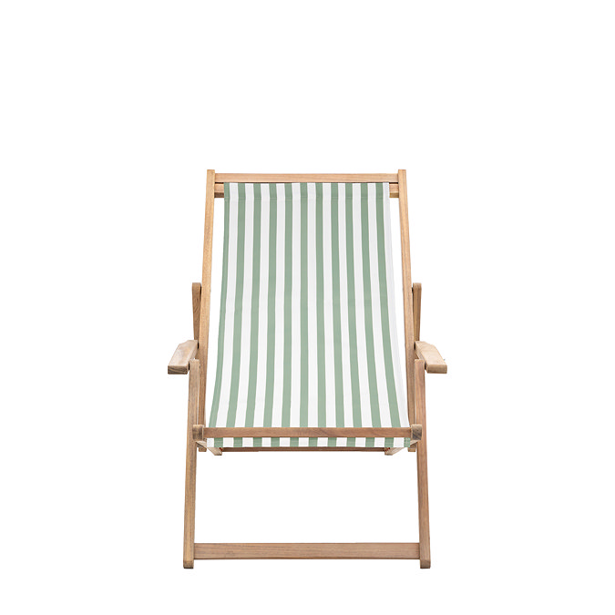 image cut out on white background of green and white stripe acacia wood deck chair