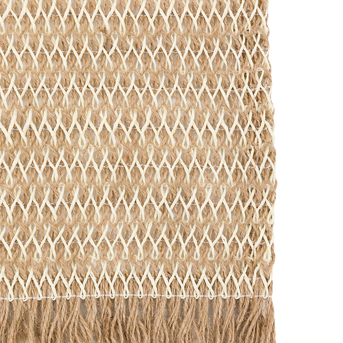 close up image cut out on white background of woven jute placemat, highlighting striped detail of the weave