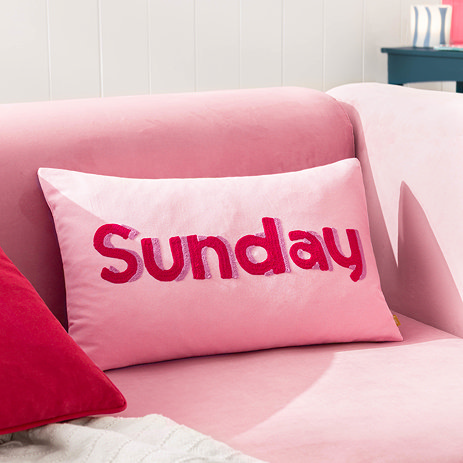 image of rectangular 30x50 feather cushion with bright pink case and dark pink 'sunday' word on front. sat on pink sofa