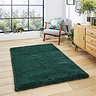 image of emerald green soft rug on light wooden flooring of modern loft apartment in front of wooden sideboard