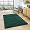 image of emerald green soft rug on light wooden flooring of modern loft apartment in front of wooden sideboard