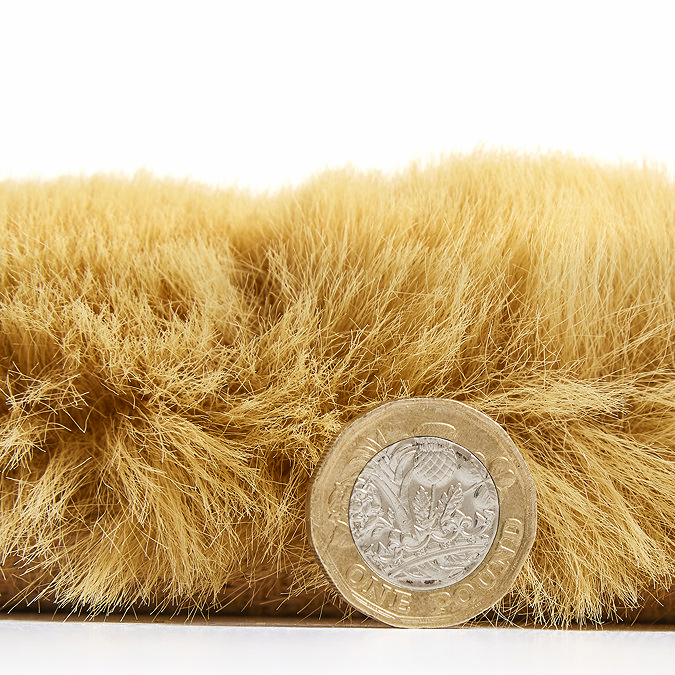 side on image of yellow soft fluffy rug with pound coin stood up next to it to show rug as double height of coin