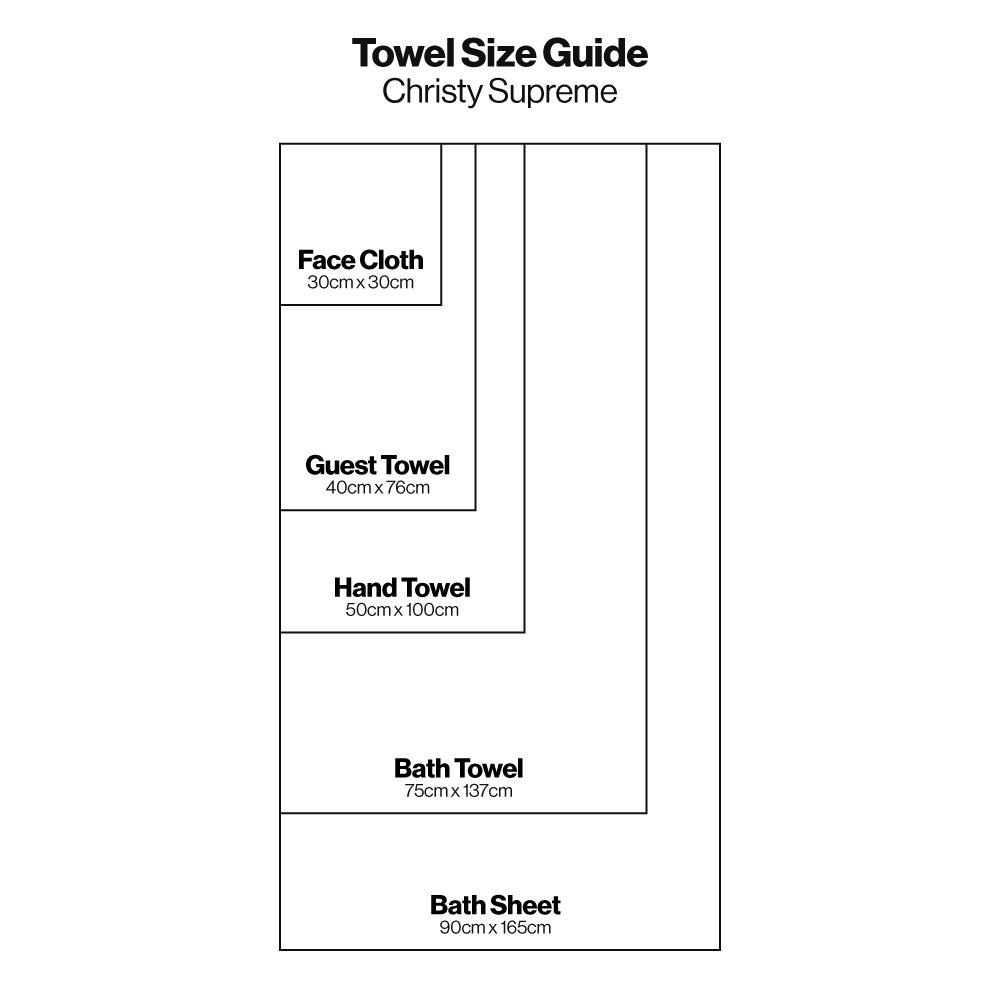 christy supreme hygro towels size guide: five rectangle boxes inside one another, indicating size from smallest face cloth to the largest bath sheet