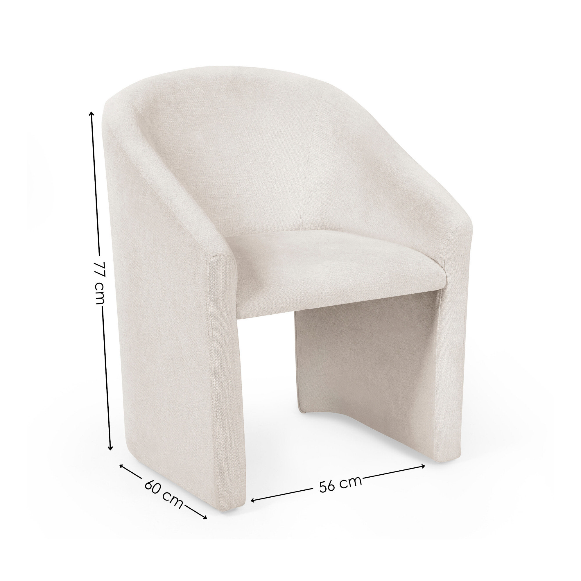 image cut out on white background of cream fabric accent chair with black line dimensions