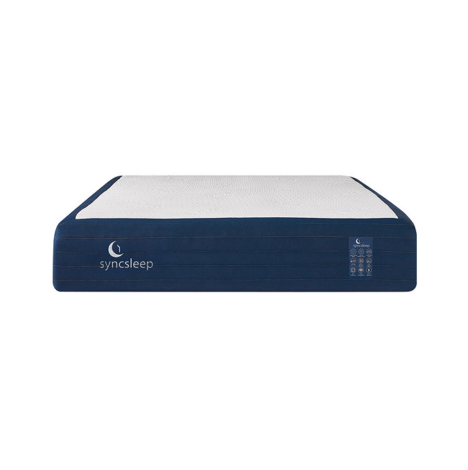 image cut out on white background of mattress with navy blue bottom half and white bobbled top