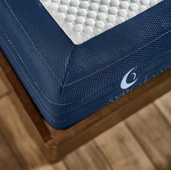 close up image taken above looking down at corner of navy blue mattress with white bobbled material on it
