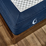close up image taken above looking down at corner of navy blue mattress with white bobbled material on it