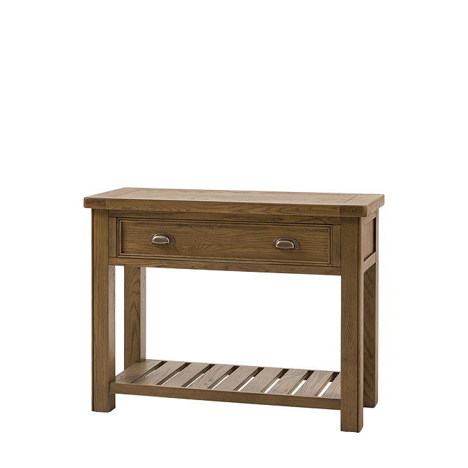 image cut out on white background of dark oak console table with slatted undershelf