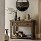 image oi small dark oak console table with one horizontal drawer with metal handles
