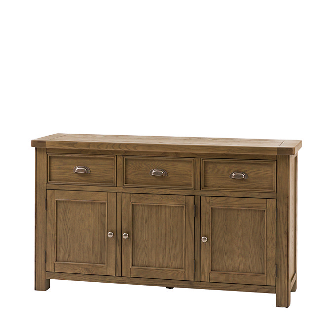 image cut out on white background of dark oak sideboard with 3 drawers and 3 doors