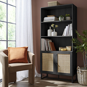 Taunton Wooden and Rattan Bookcase - Black main image