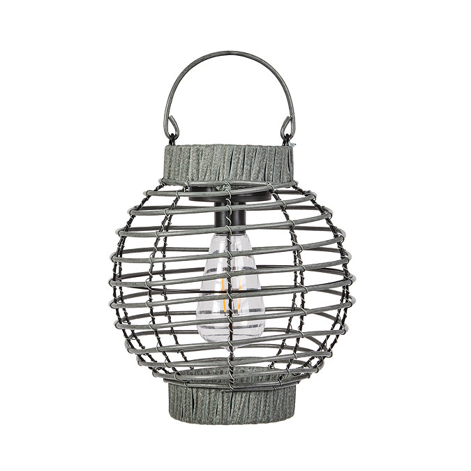 image cut out on white background of slate grey round rattan lantern with handle