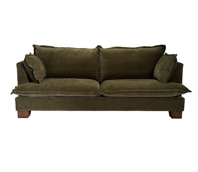 front on cut out image of olive green 3 seat sofa in chenille fabric