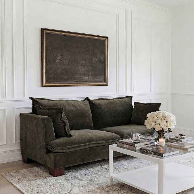 lifestyle image of plush chenille olive green 3 seat sofa