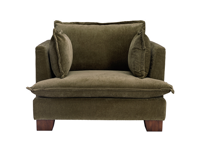 front on cut out image of olive green chenille armchair with plush cushions