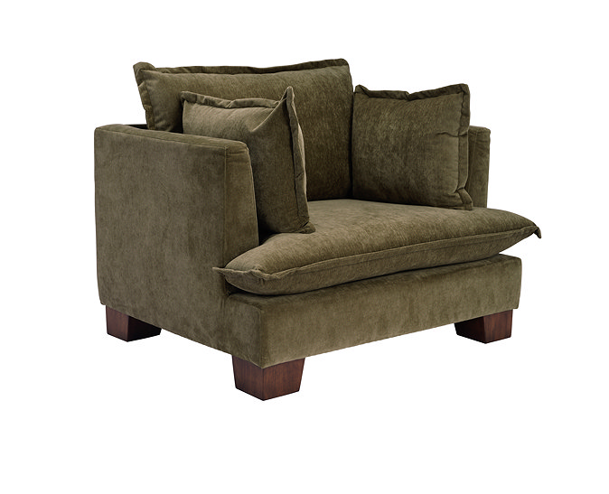 angled cut out image of olive green armchair with plush cushions and dark wood legs