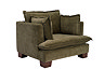 angled cut out image of olive green armchair with plush cushions and dark wood legs