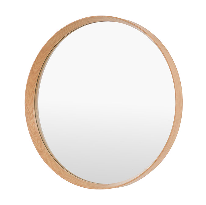image cut out on white background of round mirror with smooth oak edges