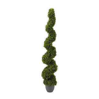image cut out on white background of topiary twirl faux tree in grey pot