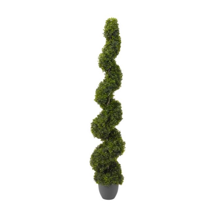 image cut out on white background of topiary twirl faux tree in grey pot