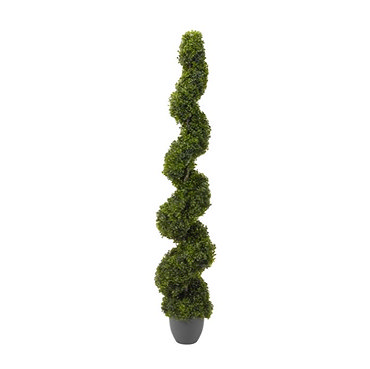 image of tall topiary twirl tree in grey pot, on open porch of a red brick house