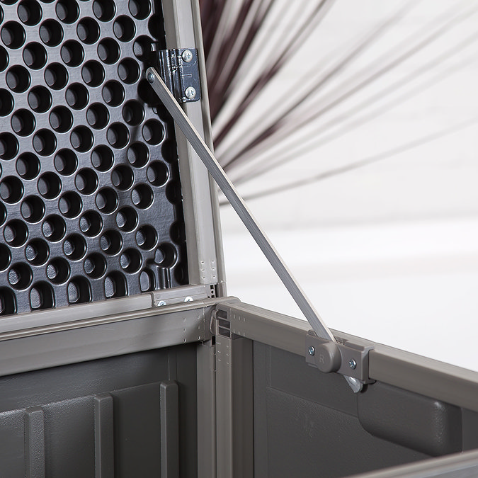 close up image of storage box with lid open to reveal sliding lifts propping lid open