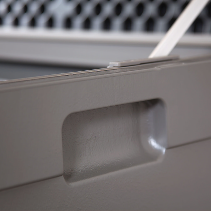 close up image of moulded handle on dark grey plastic storage box