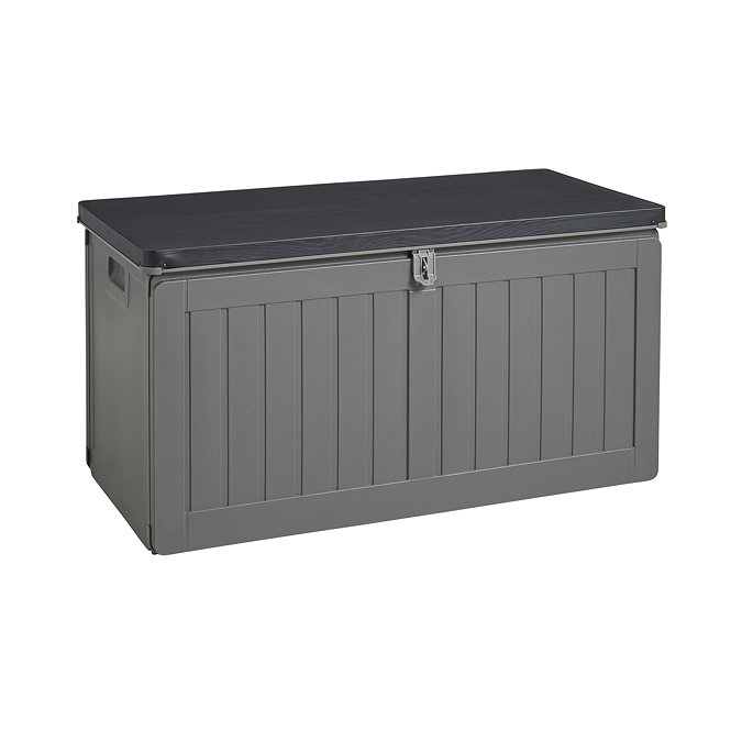 image cut out on white background of rectangular grey garden storage box