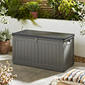 image of grey storage box with black lid, against a cream wall in garden