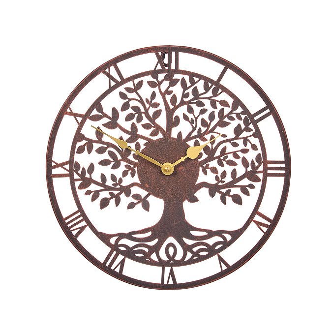 image cut out on white background of round bronze wall clock with central tree shape, roman numerals and gold hands