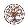 image cut out on white background of round bronze wall clock with central tree shape, roman numerals and gold hands