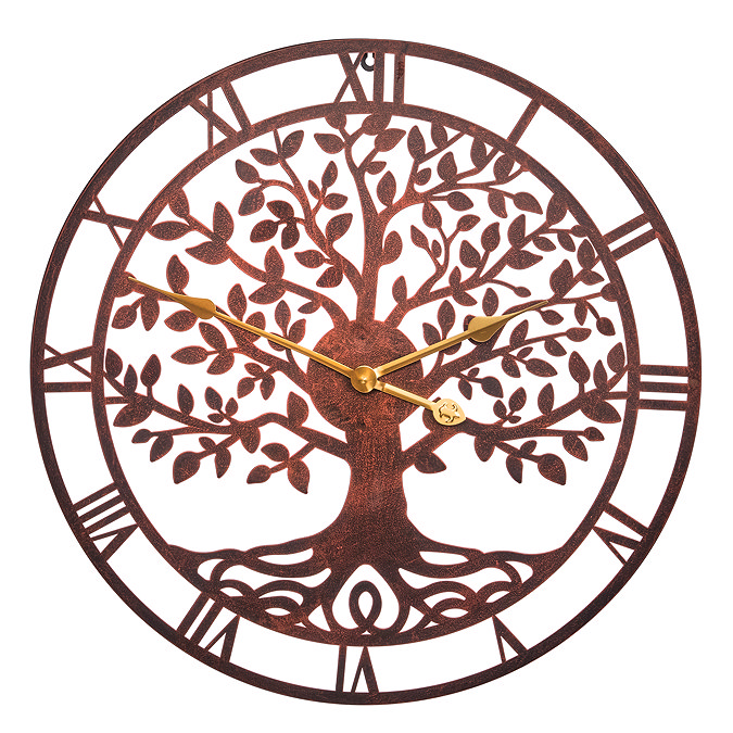 image cut out on white background of round bronze clock with gold hands