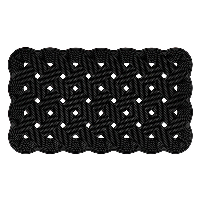 image cut out on white background of black rubber trellis scraper mat with white diamond pattern
