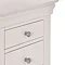 close up on top corner drawers of light grey dressing table