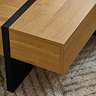 close up on light oak corner drawer, closed, of cubed coffee table