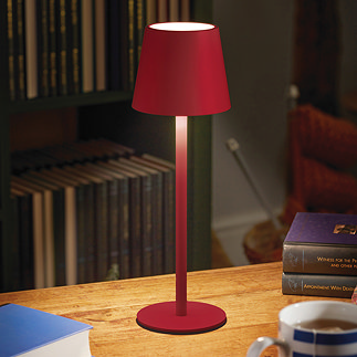 image of crimson minimalist table lamp on a library desk