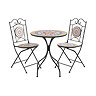 image cut out on white background of cast iron bistro set with colourful mosaic table and seats