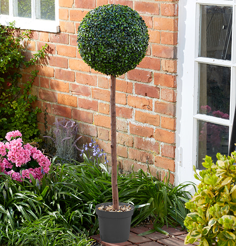 image of tall faux uno topiary tree in black pot outside greenhouse