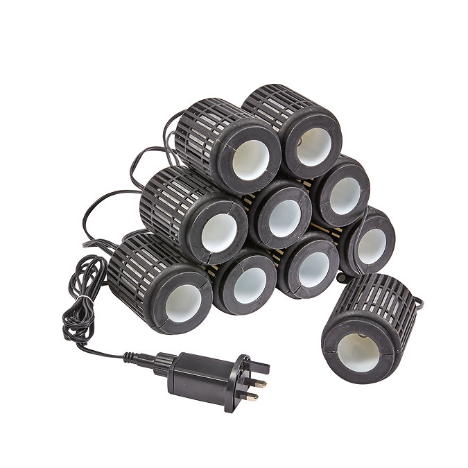 image cut out on white background of grey industrial lantern string lights