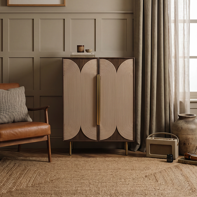 wide image of tall sideboard with rope detail and gold handles and legs