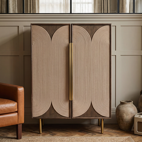image of tall sideboard with 2 doors and central rope design, finished with gold handles and legs