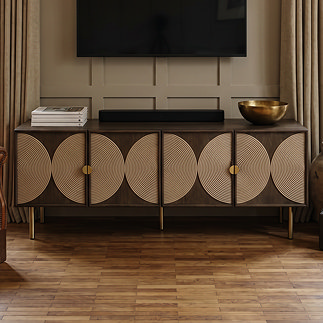 front on image of four door dark oak tv unit with rope detail and brass legs
