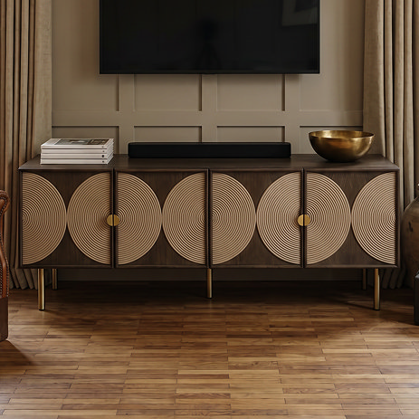 front on image of four door dark oak tv unit with rope detail and brass legs